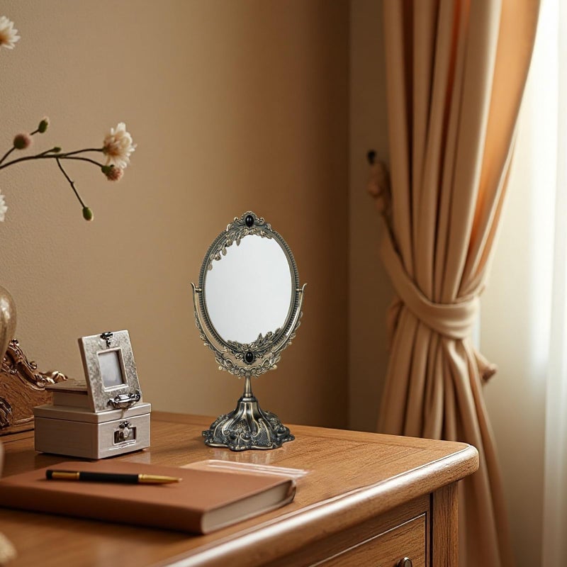 Feyarl Small Metal Vintage Makeup Mirror Floral Tabletop Oval Vanity Swivel Double Sided Mirror with Stand Elegant Decorative for Dressing Room Bedroom (Bronze) - Image 2